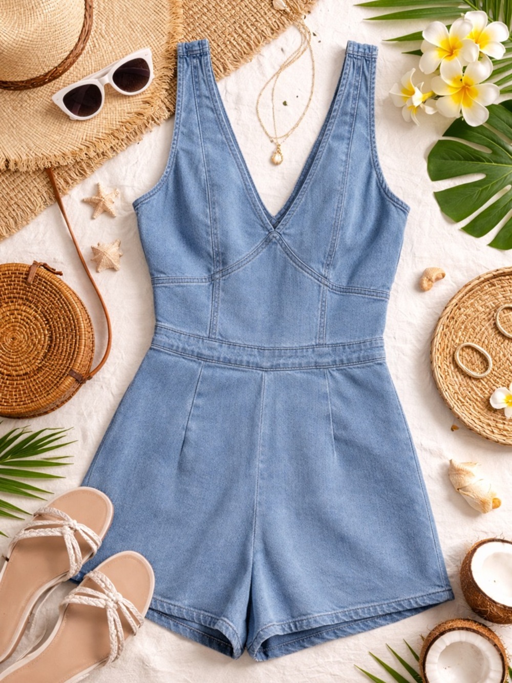 Light Blue Denim Women’s One-Piece Romper - V-Neck Sleeveless Vacation wear